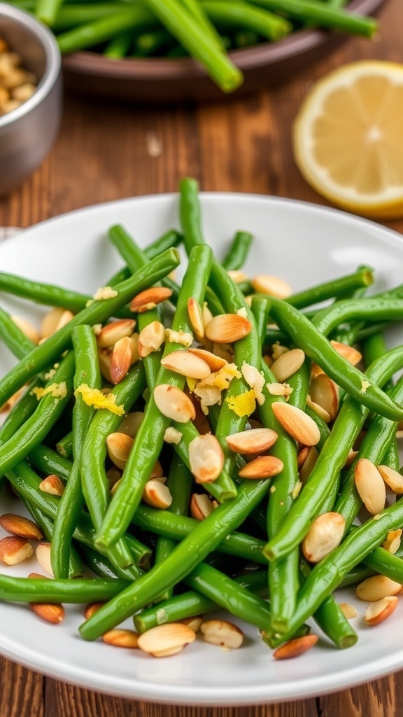 A colorful plate of Green Bean Almondine with sautéed green beans and toasted almonds, garnished with lemon zest.
